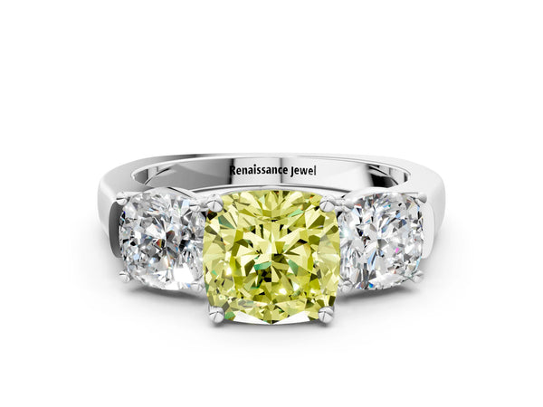 Platinum Three-Stone Fancy Yellow Cushion Cut Brilliant Diamond Trellis Ring with Comfort Fit Band