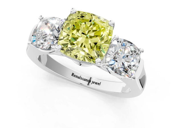 Platinum Three-Stone Fancy Yellow Cushion Cut Brilliant Diamond Trellis Ring with Comfort Fit Band