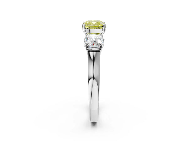 Platinum Three-Stone Fancy Yellow Cushion Cut Brilliant Diamond Trellis Ring with Comfort Fit Band