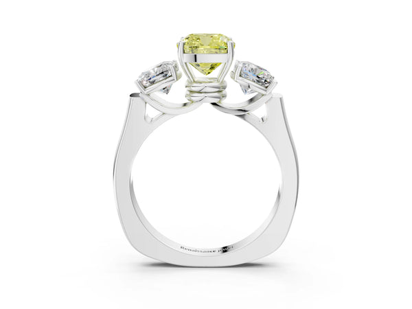 Platinum Three-Stone Fancy Yellow Cushion Cut Brilliant Diamond Trellis Ring with Comfort Fit Band