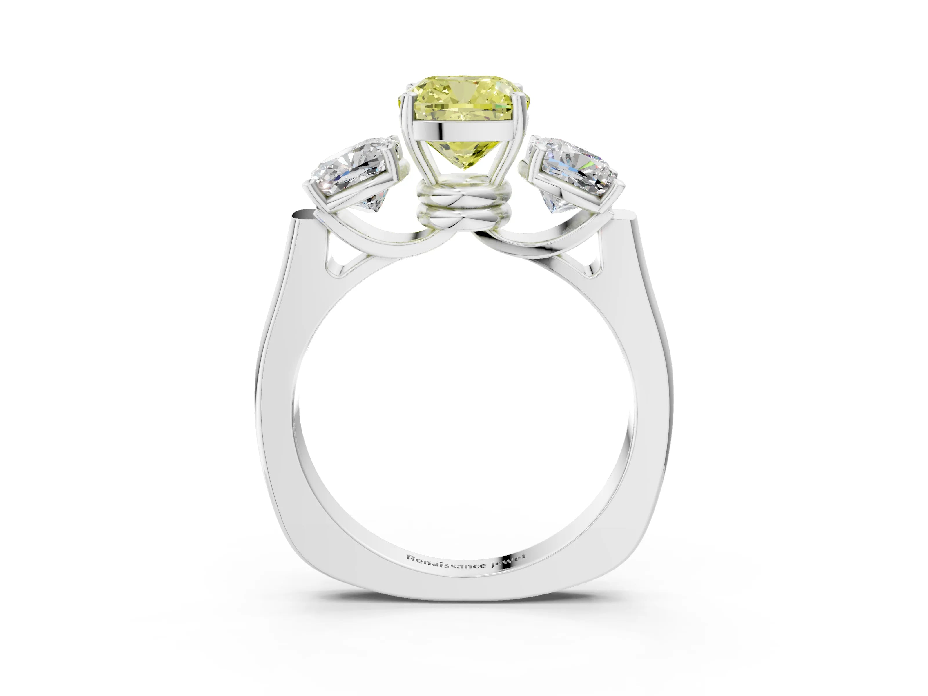 White gold Three-Stone Fancy Yellow Cushion Cut Brilliant Diamond Trellis Ring with Comfort Fit Band_15