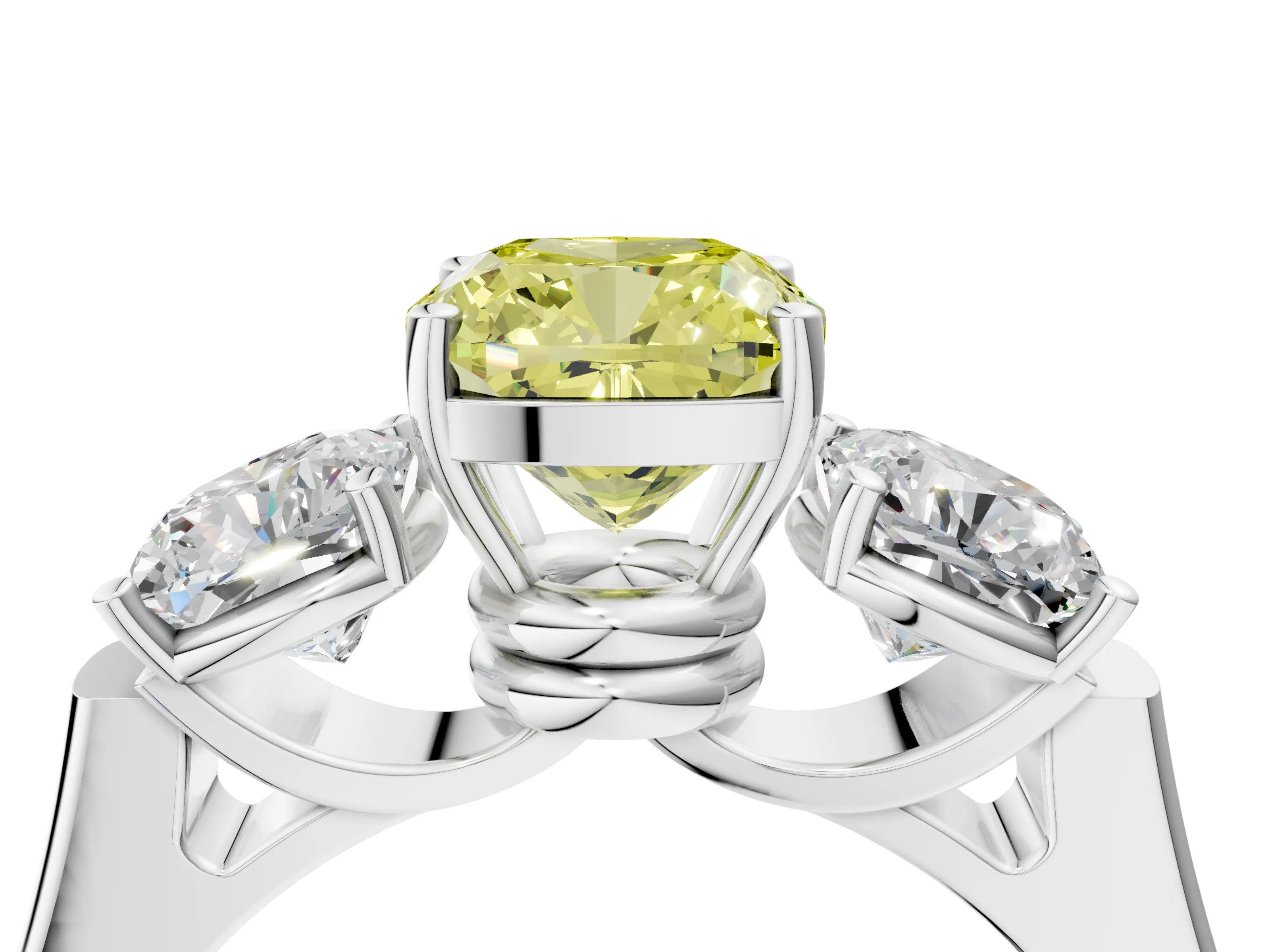 White gold Three-Stone Fancy Yellow Cushion Cut Brilliant Diamond Trellis Ring with Comfort Fit Band_16