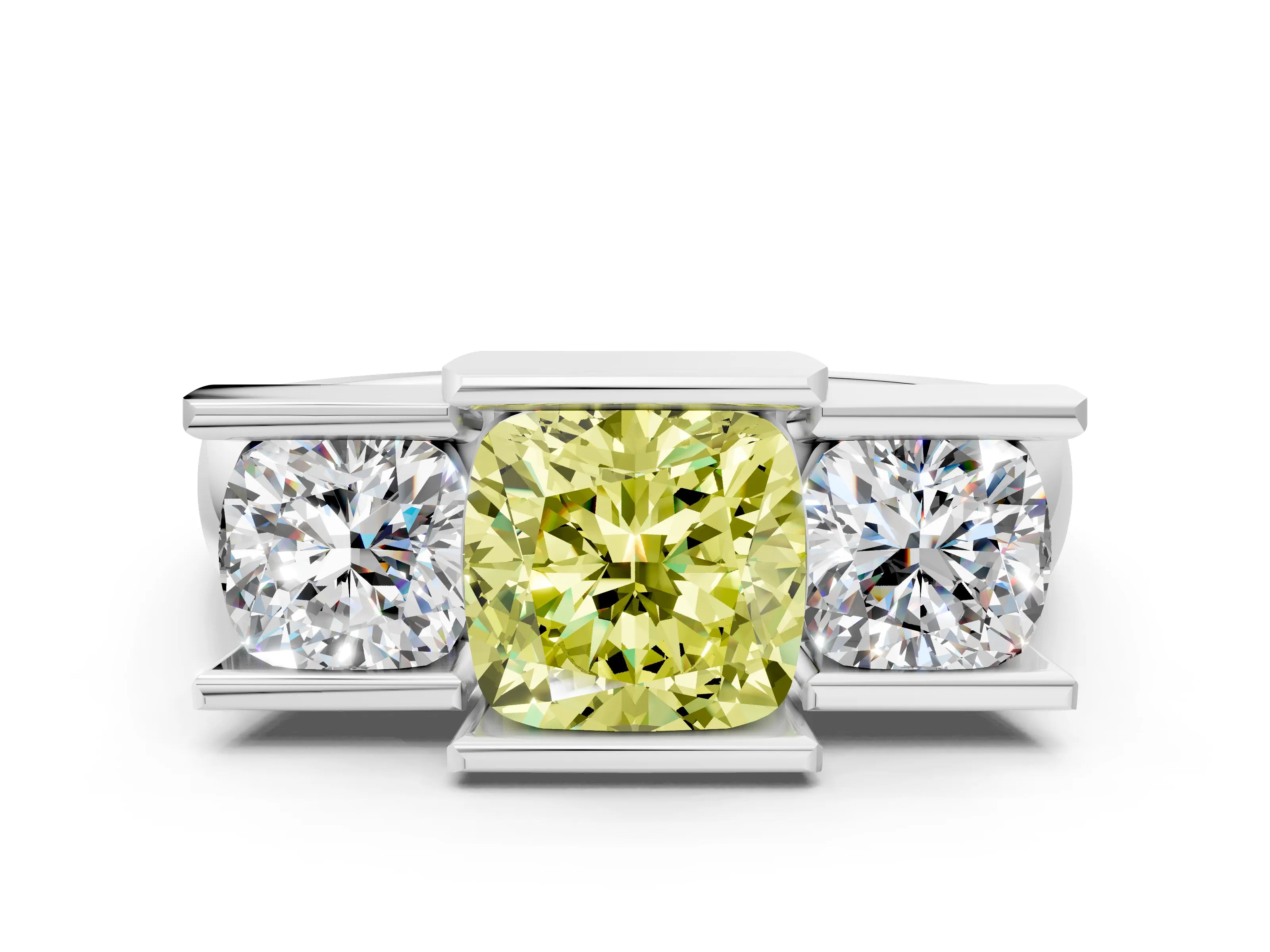White gold Three Stone Fancy Yellow Cushion Cut Cut Channel Set Diamond Ring_36