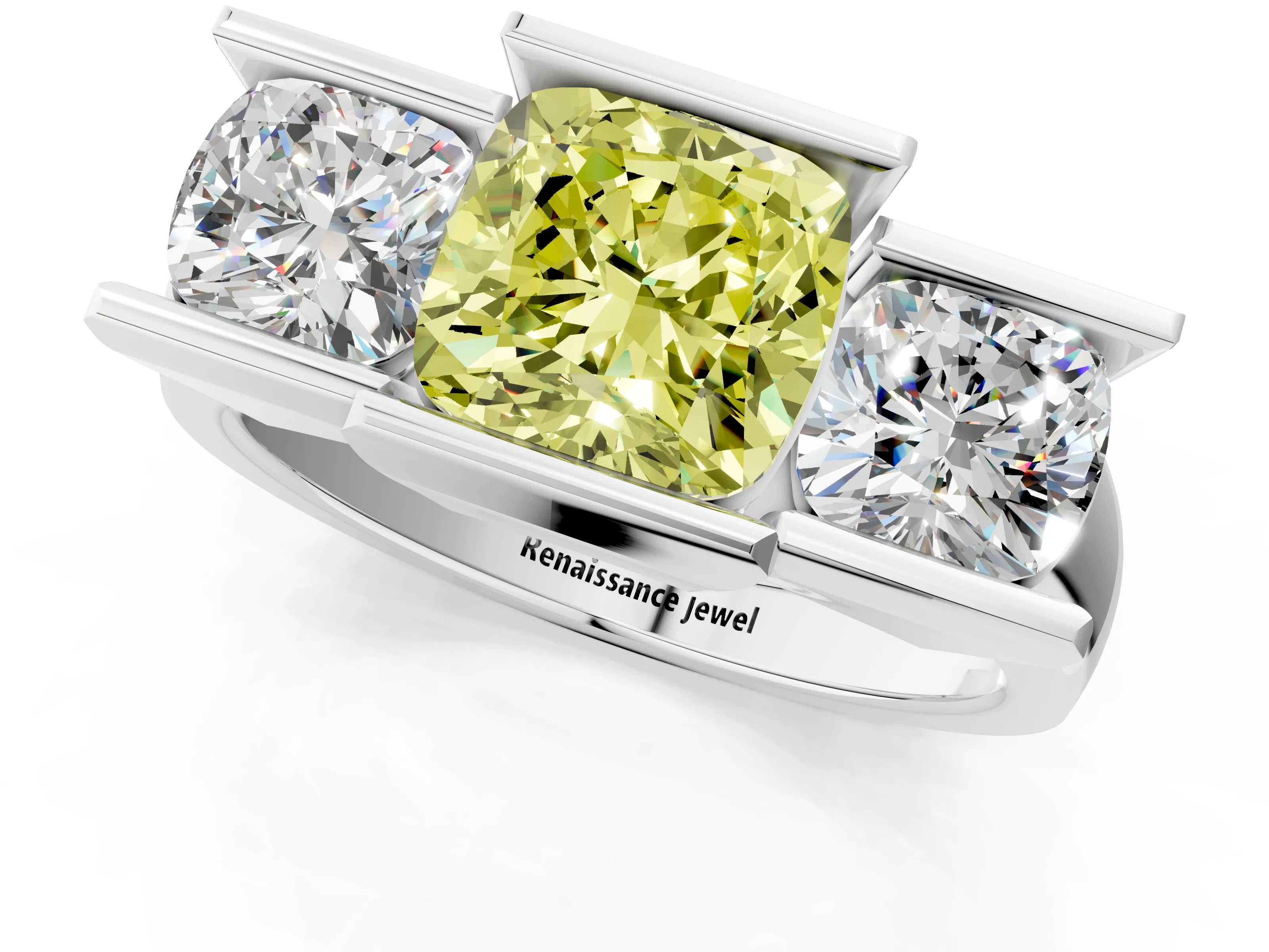 White gold Three Stone Fancy Yellow Cushion Cut Cut Channel Set Diamond Ring_37