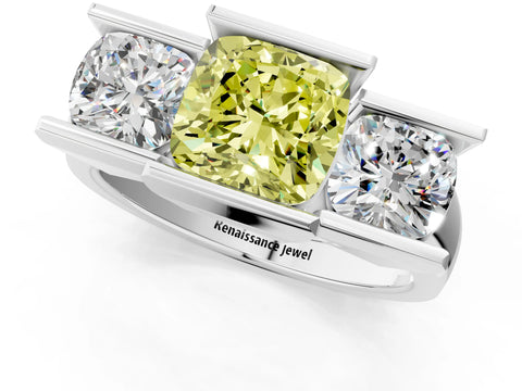 White gold Three Stone Fancy Yellow Cushion Cut Cut Channel Set Diamond Ring_37
