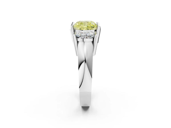 White Gold Cushion Cut Channel Set Three Stone Engagement Ring Setting for Fancy Yellow Center