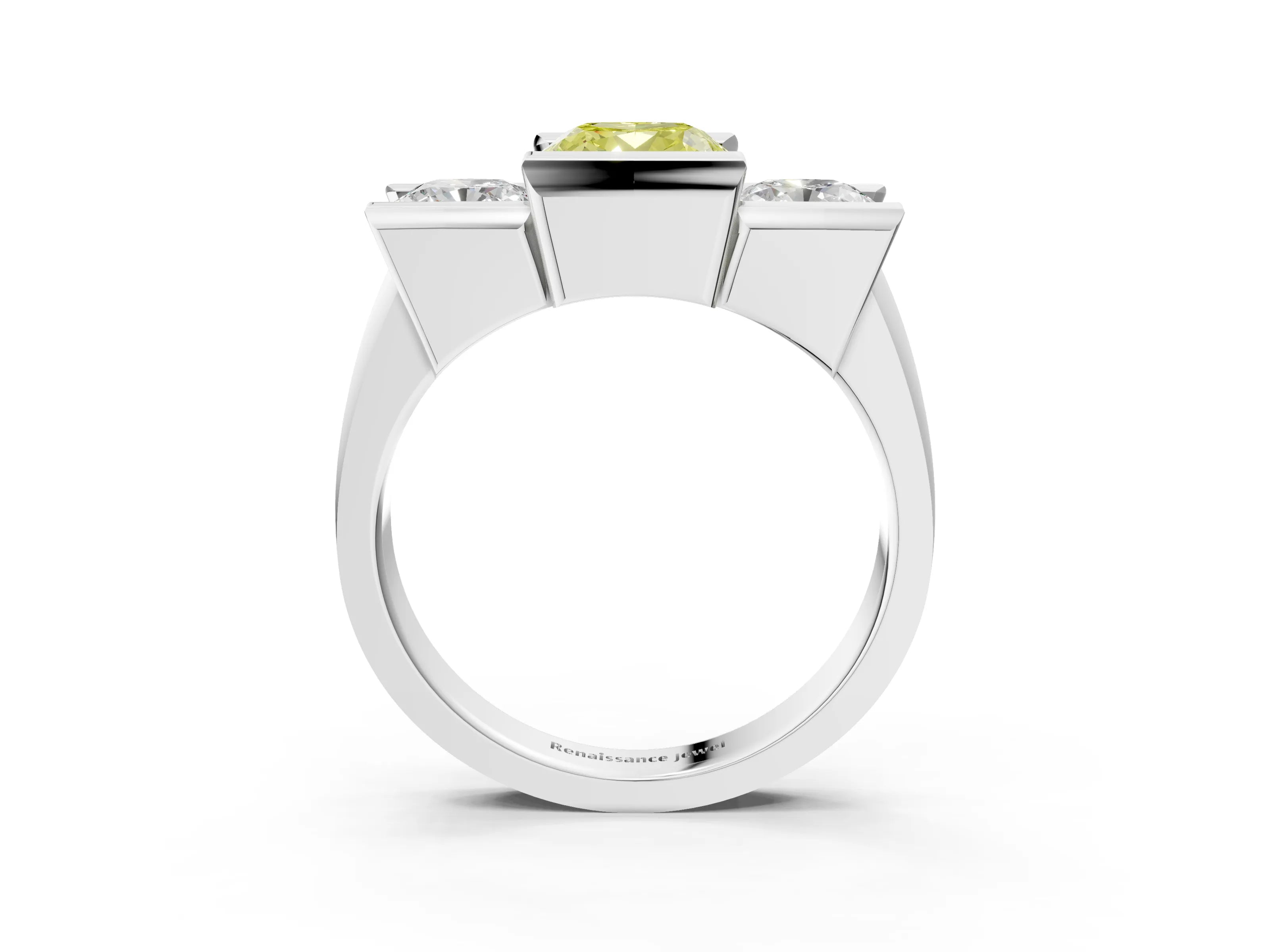 White gold Three Stone Fancy Yellow Cushion Cut Cut Channel Set Diamond Ring_39