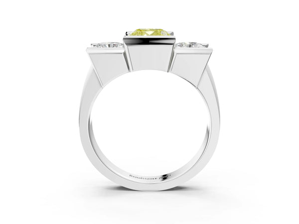 Platinum Cushion Cut Channel Set Three Stone Engagement Ring Setting for Fancy Yellow Center