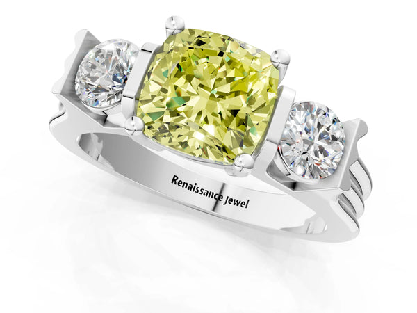 White gold Three-Stone Fancy Yellow Cushion Cut Classic Band Prong Setting Ring
