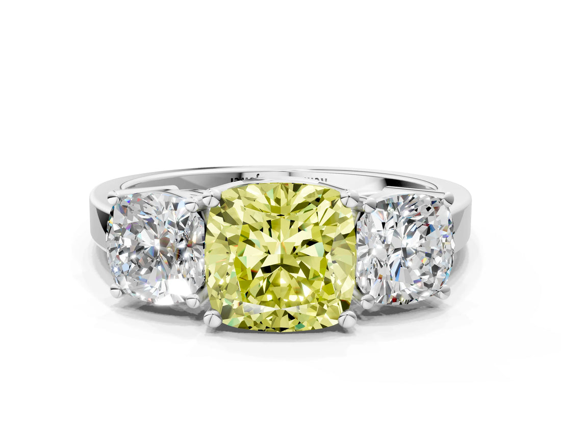 White gold Three-Stone Fancy Yellow Cushion Cut Cut Diamond Engagement Ring with Flat Band and Four-Prong Setting_12