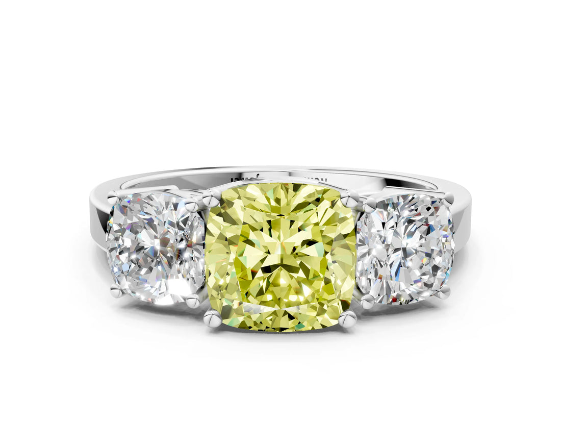 White gold Three-Stone Fancy Yellow Cushion Cut Cut Diamond Engagement Ring with Flat Band and Four-Prong Setting_12