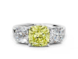 White gold Three-Stone Fancy Yellow Cushion Cut Cut Diamond Engagement Ring with Flat Band and Four-Prong Setting_12
