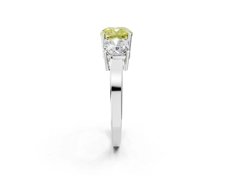 White gold Three-Stone Fancy Yellow Cushion Cut Cut Diamond Engagement Ring with Flat Band and Four-Prong Setting_14