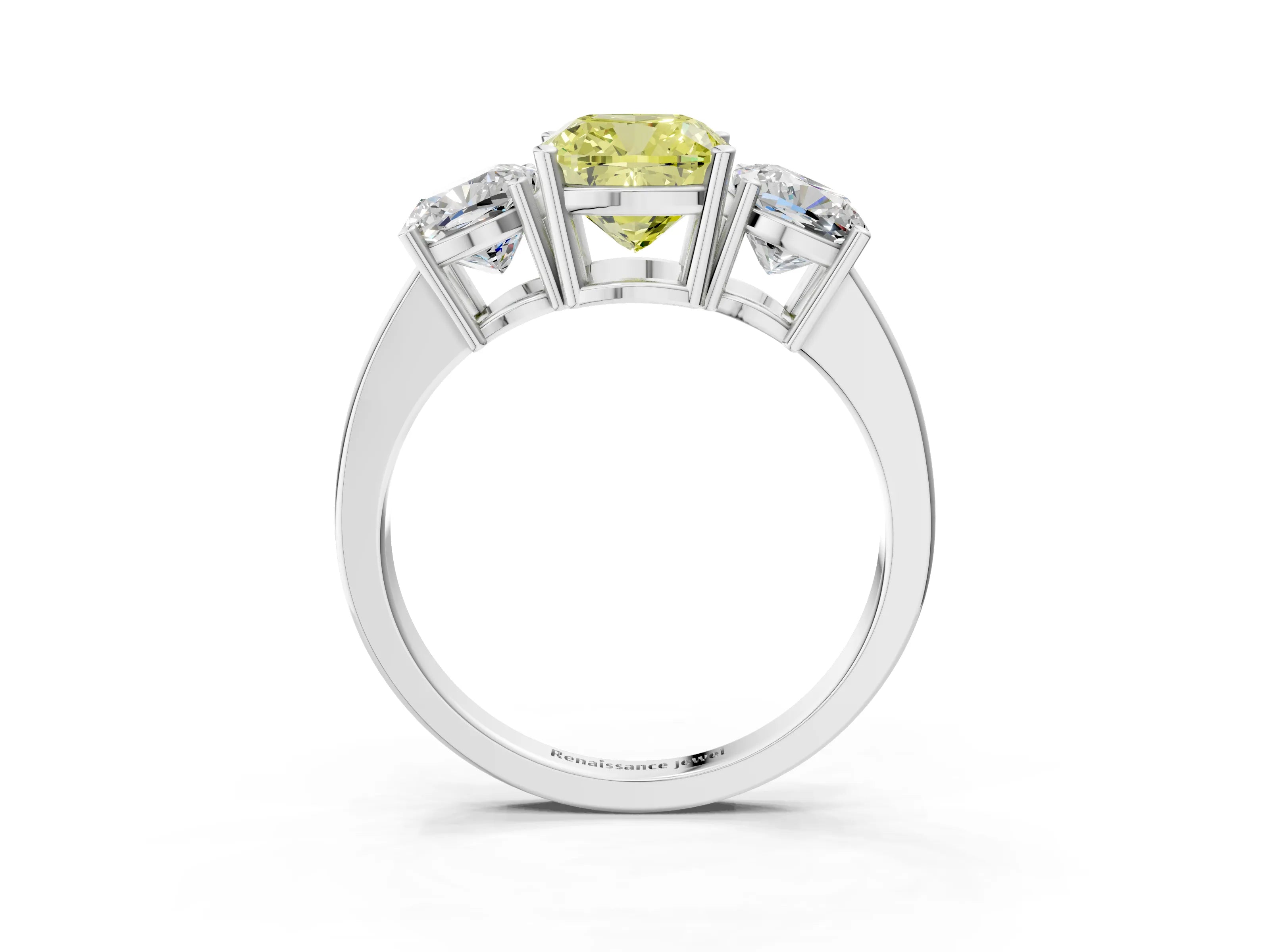 White gold Three-Stone Fancy Yellow Cushion Cut Cut Diamond Engagement Ring with Flat Band and Four-Prong Setting_15