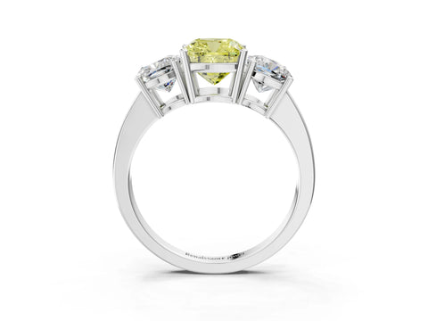White gold Three-Stone Fancy Yellow Cushion Cut Cut Diamond Engagement Ring with Flat Band and Four-Prong Setting_15