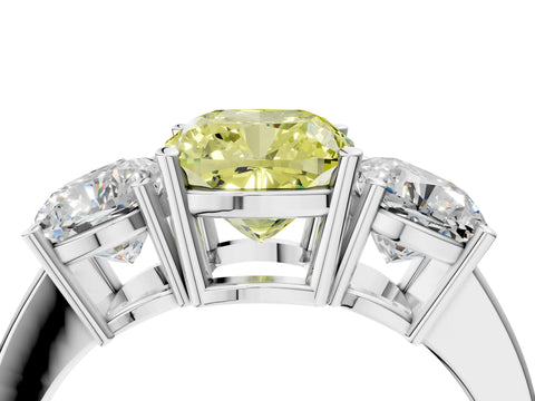 White gold Three-Stone Fancy Yellow Cushion Cut Cut Diamond Engagement Ring with Flat Band and Four-Prong Setting_16