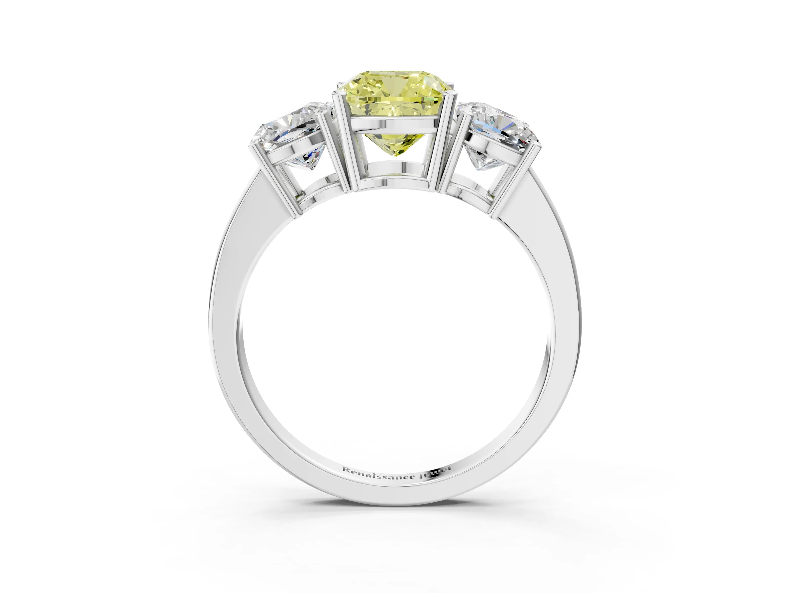 White gold Three-Stone Fancy Yellow Cushion Cut Cut Diamond Engagement Ring with Flat Band and Four-Prong Setting_3