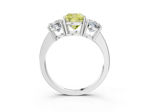White gold Three-Stone Fancy Yellow Cushion Cut Cut Diamond Engagement Ring with Flat Band and Four-Prong Setting_3