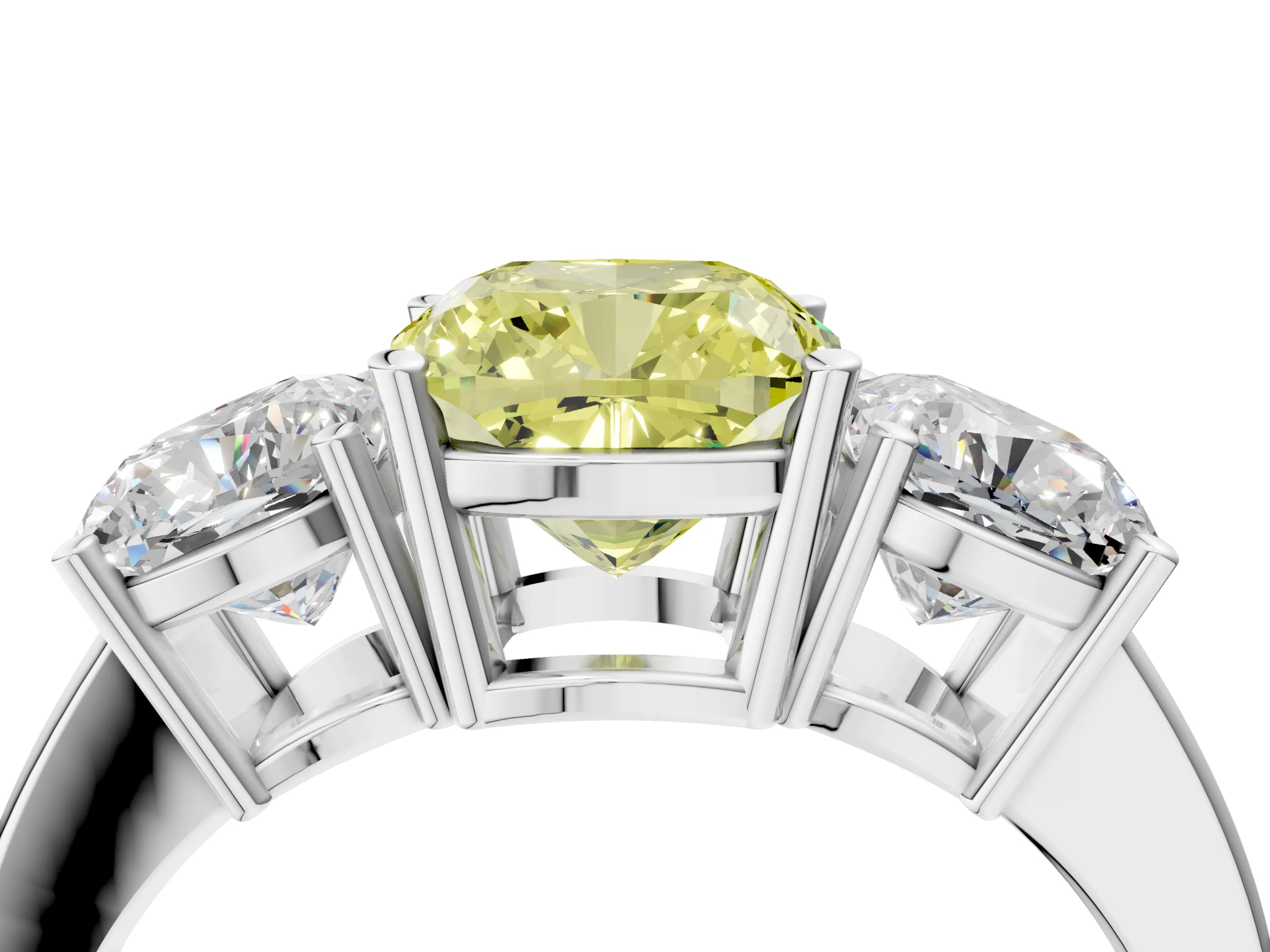 White gold Three-Stone Fancy Yellow Cushion Cut Cut Diamond Engagement Ring with Flat Band and Four-Prong Setting_4