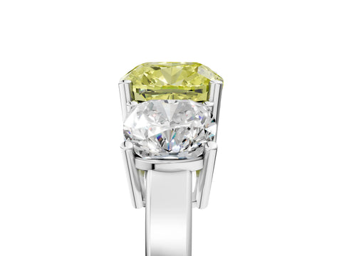 White gold Three-Stone Fancy Yellow Cushion Cut Cut Diamond Engagement Ring with Flat Band and Four-Prong Setting_5