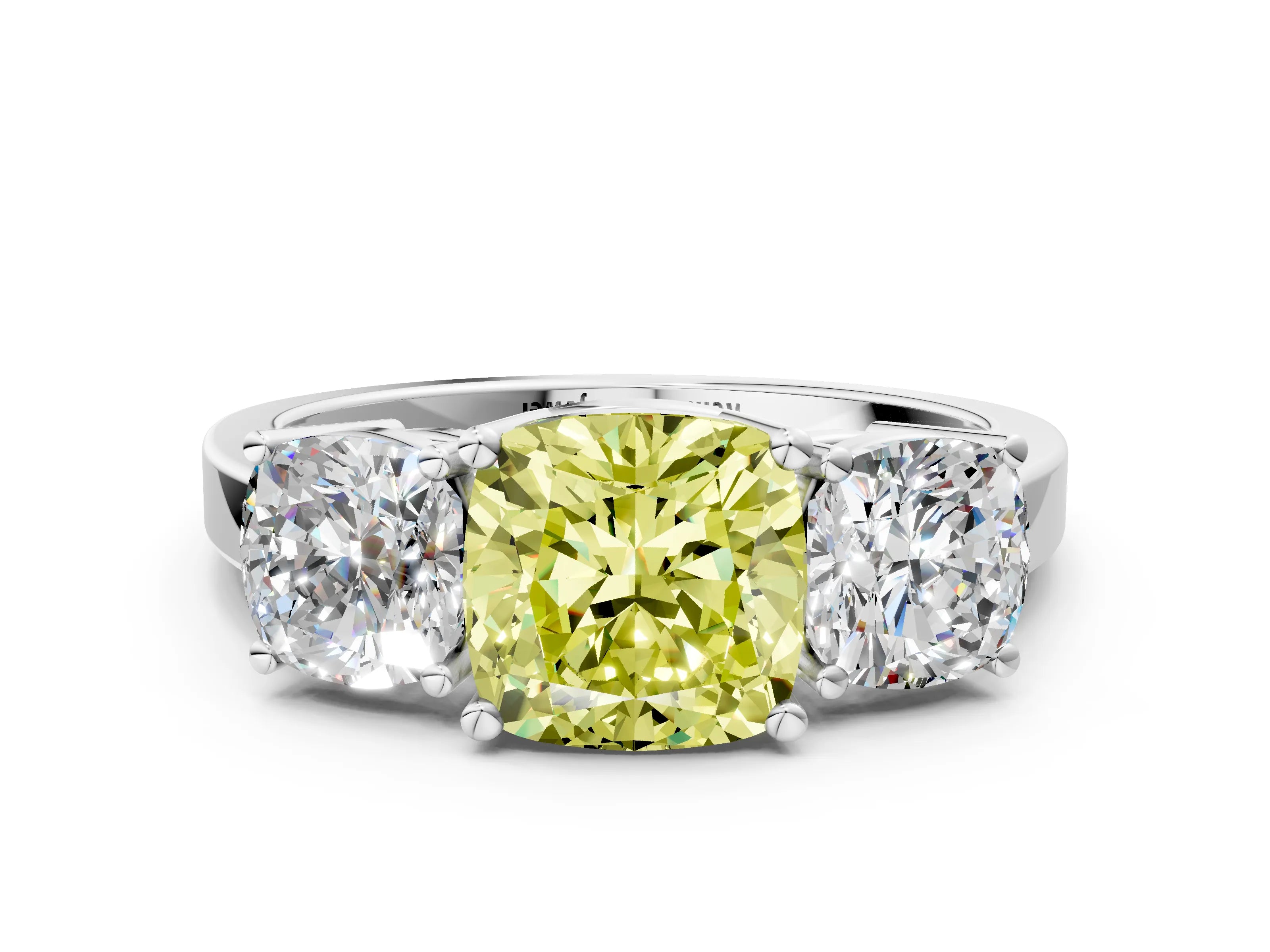 White gold Three-Stone Fancy Yellow Cushion Cut Cut Diamond Engagement Ring with Flat Band and Four-Prong Setting