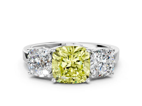 White gold Three-Stone Fancy Yellow Cushion Cut Cut Diamond Engagement Ring with Flat Band and Four-Prong Setting