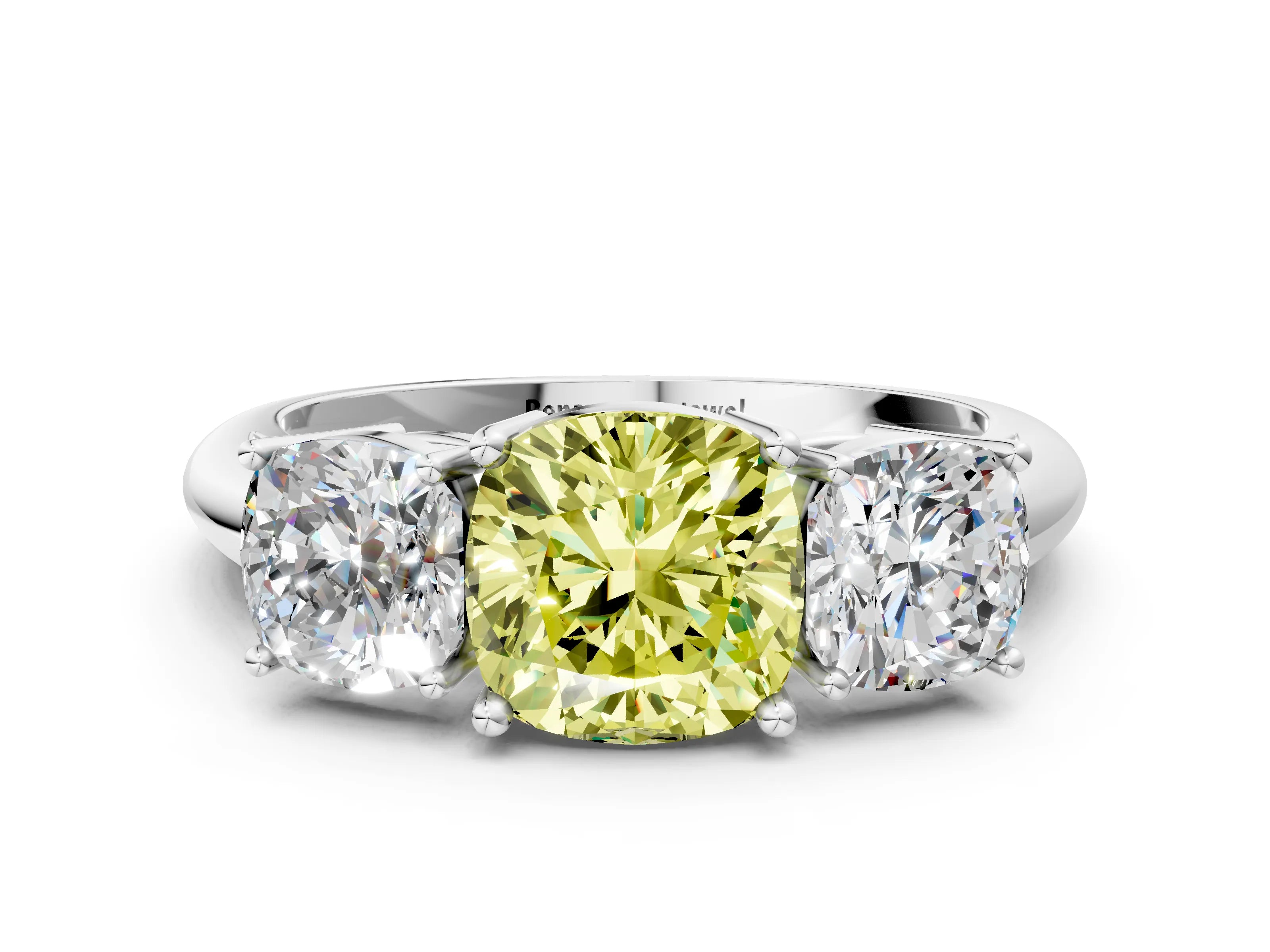 White gold Three-Stone Fancy Yellow Cushion Cut Cut Diamond Engagement Ring with Prong Setting on a White Gold Band_12