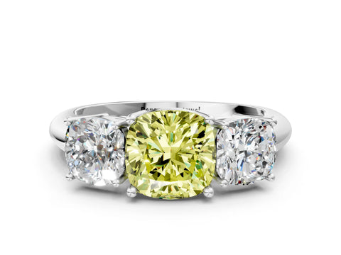 White gold Three-Stone Fancy Yellow Cushion Cut Cut Diamond Engagement Ring with Prong Setting on a White Gold Band_12