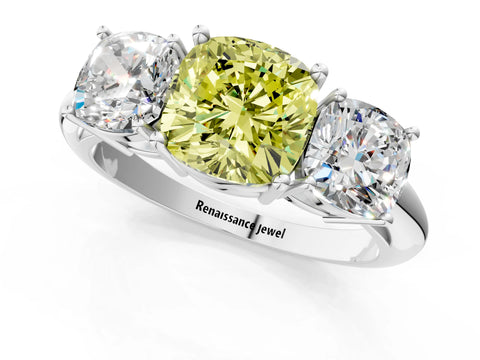 White gold Three-Stone Fancy Yellow Cushion Cut Cut Diamond Engagement Ring with Prong Setting on a White Gold Band_13