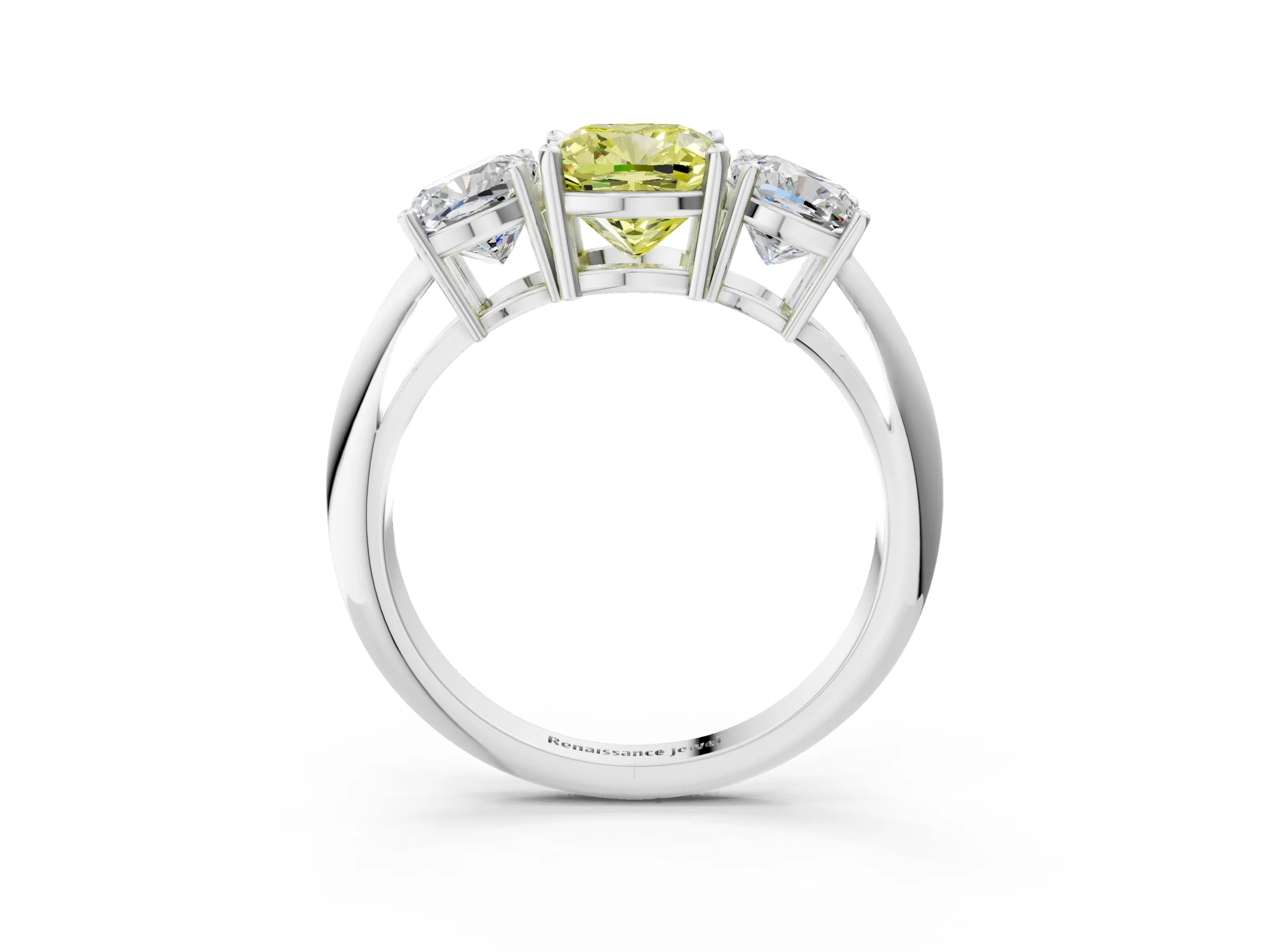White gold Three-Stone Fancy Yellow Cushion Cut Cut Diamond Engagement Ring with Prong Setting on a White Gold Band_15
