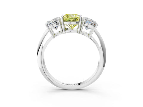 White gold Three-Stone Fancy Yellow Cushion Cut Cut Diamond Engagement Ring with Prong Setting on a White Gold Band_15