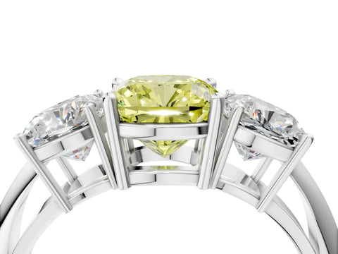 White gold Three-Stone Fancy Yellow Cushion Cut Cut Diamond Engagement Ring with Prong Setting on a White Gold Band_16