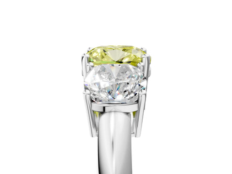 White gold Three-Stone Fancy Yellow Cushion Cut Cut Diamond Engagement Ring with Prong Setting on a White Gold Band_17
