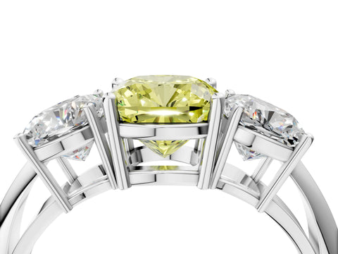 White gold Three-Stone Fancy Yellow Cushion Cut Cut Diamond Engagement Ring with Prong Setting on a White Gold Band_29