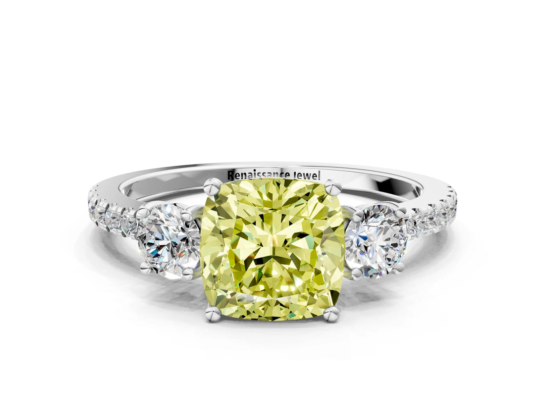 White gold Three-Stone Fancy Yellow Cushion Cut Cut Diamond Pavé Band with Prong Setting_38