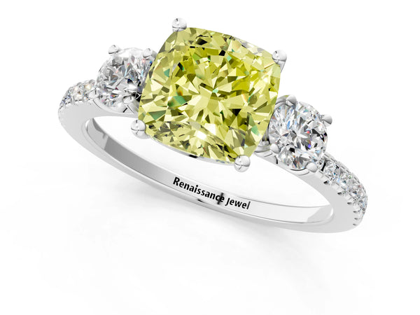 Platinum Three-Stone Fancy Yellow Cushion Cut Cut Diamond Pavé Band with Prong Setting