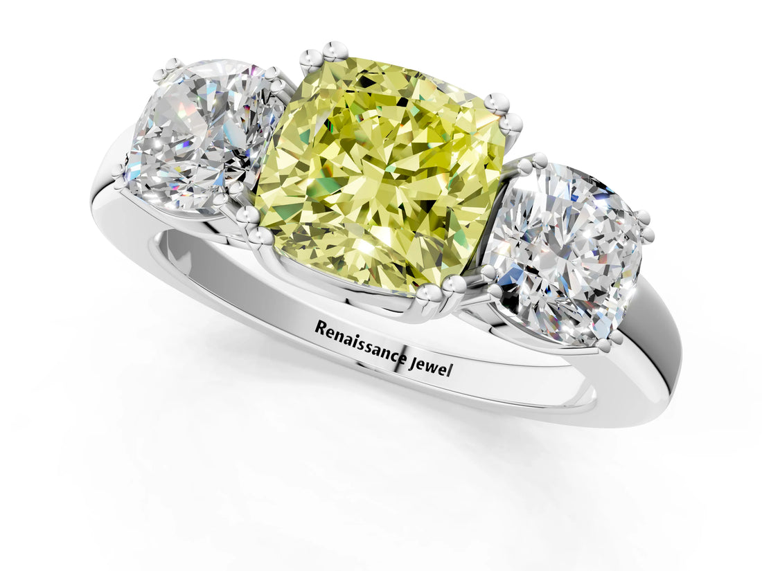 White gold Three-Stone Fancy Yellow Cushion Cut Cut Diamond Ring with Channel Set Band and Four-Prong Setting_13