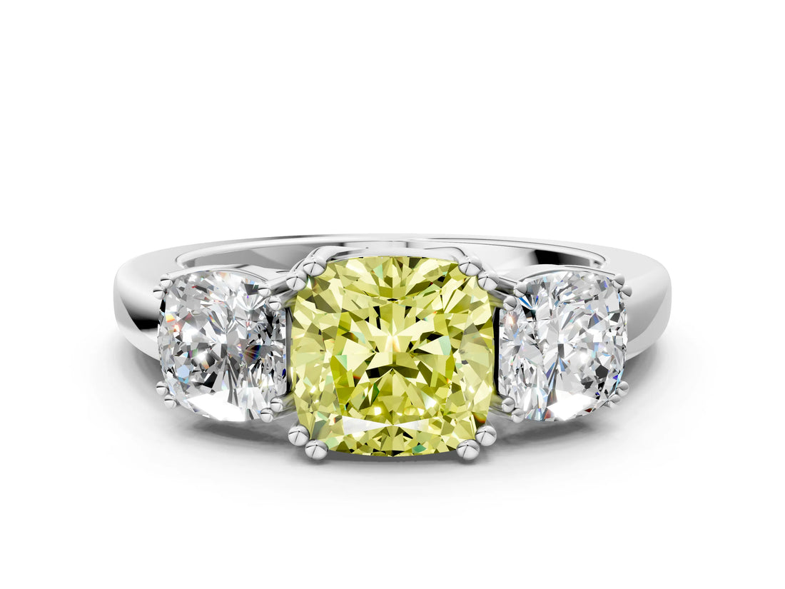 White gold Three-Stone Fancy Yellow Cushion Cut Cut Diamond Ring with Channel Set Band and Four-Prong Setting_30