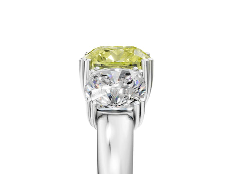 White gold Three-Stone Fancy Yellow Cushion Cut Cut Diamond Ring with Channel Set Band and Four-Prong Setting_5