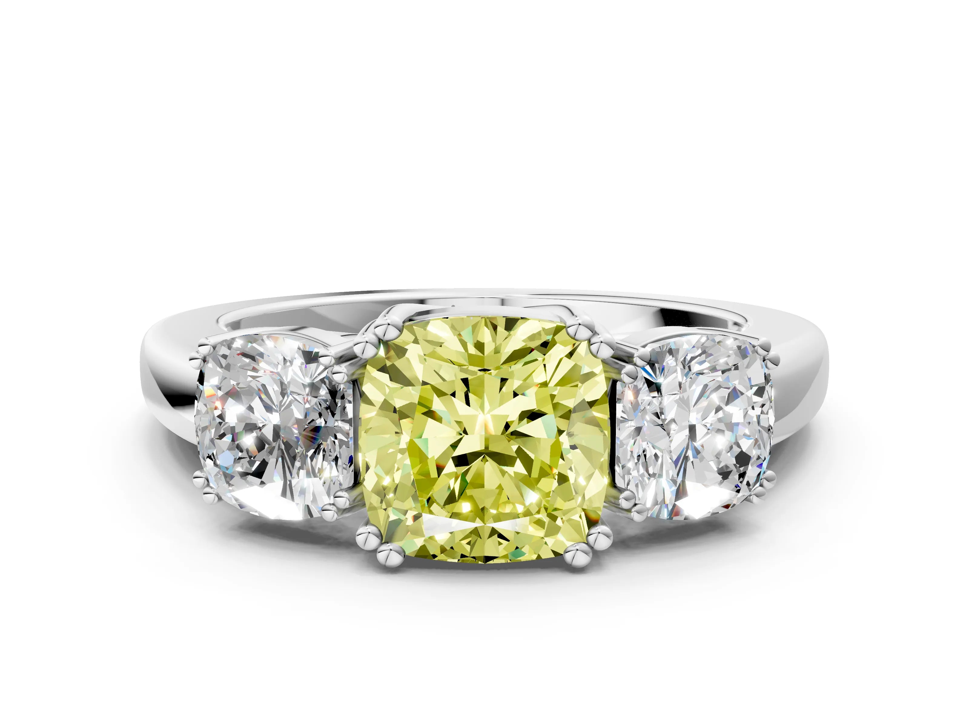 White gold Three-Stone Fancy Yellow Cushion Cut Cut Diamond Ring with Channel Set Band and Four-Prong Setting