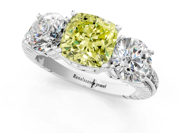 White gold Three-Stone Fancy Yellow Cushion Cut Cut Diamond Ring with Channel-Set Band and Prong Setting