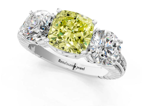 White gold Three-Stone Fancy Yellow Cushion Cut Cut Diamond Ring with Channel-Set Band and Prong Setting_1