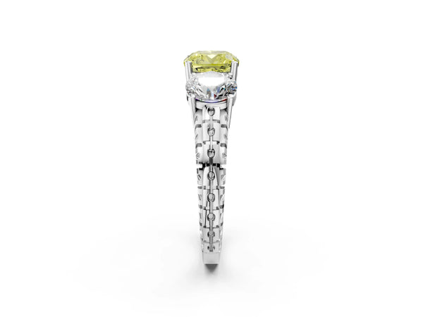 White gold Three-Stone Fancy Yellow Cushion Cut Cut Diamond Ring with Channel-Set Band and Prong Setting