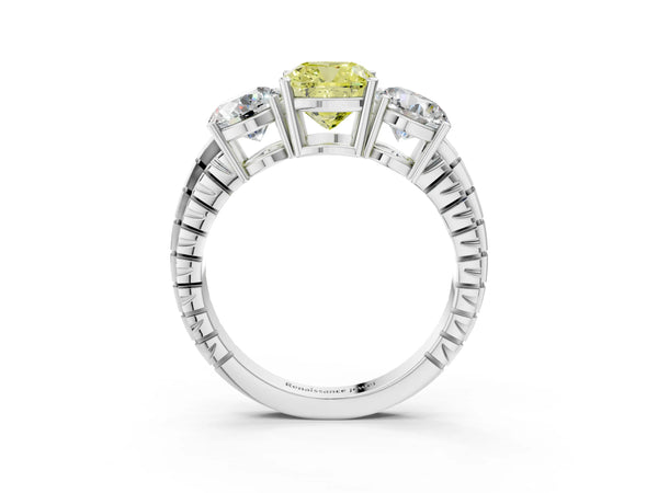 White gold Three-Stone Fancy Yellow Cushion Cut Cut Diamond Ring with Channel-Set Band and Prong Setting