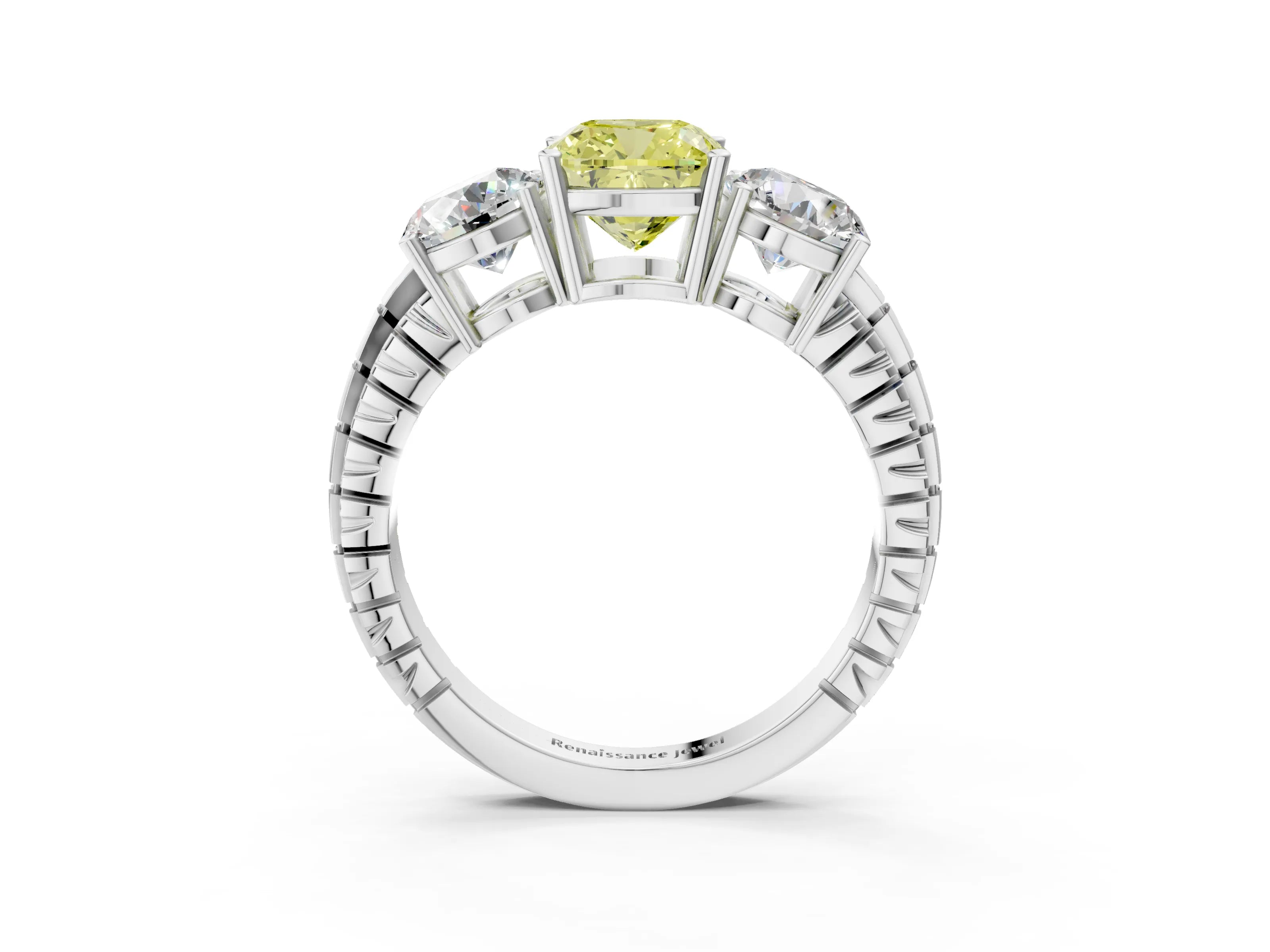 White gold Three-Stone Fancy Yellow Cushion Cut Cut Diamond Ring with Channel-Set Band and Prong Setting_3