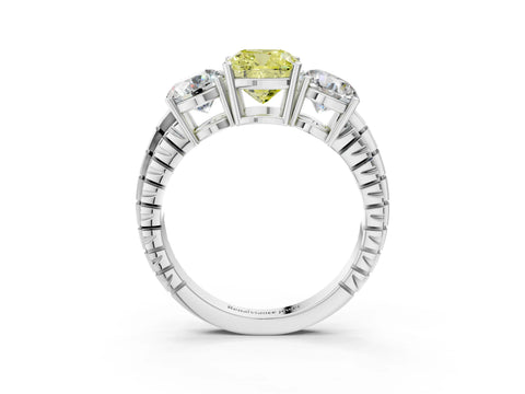 White gold Three-Stone Fancy Yellow Cushion Cut Cut Diamond Ring with Channel-Set Band and Prong Setting_3