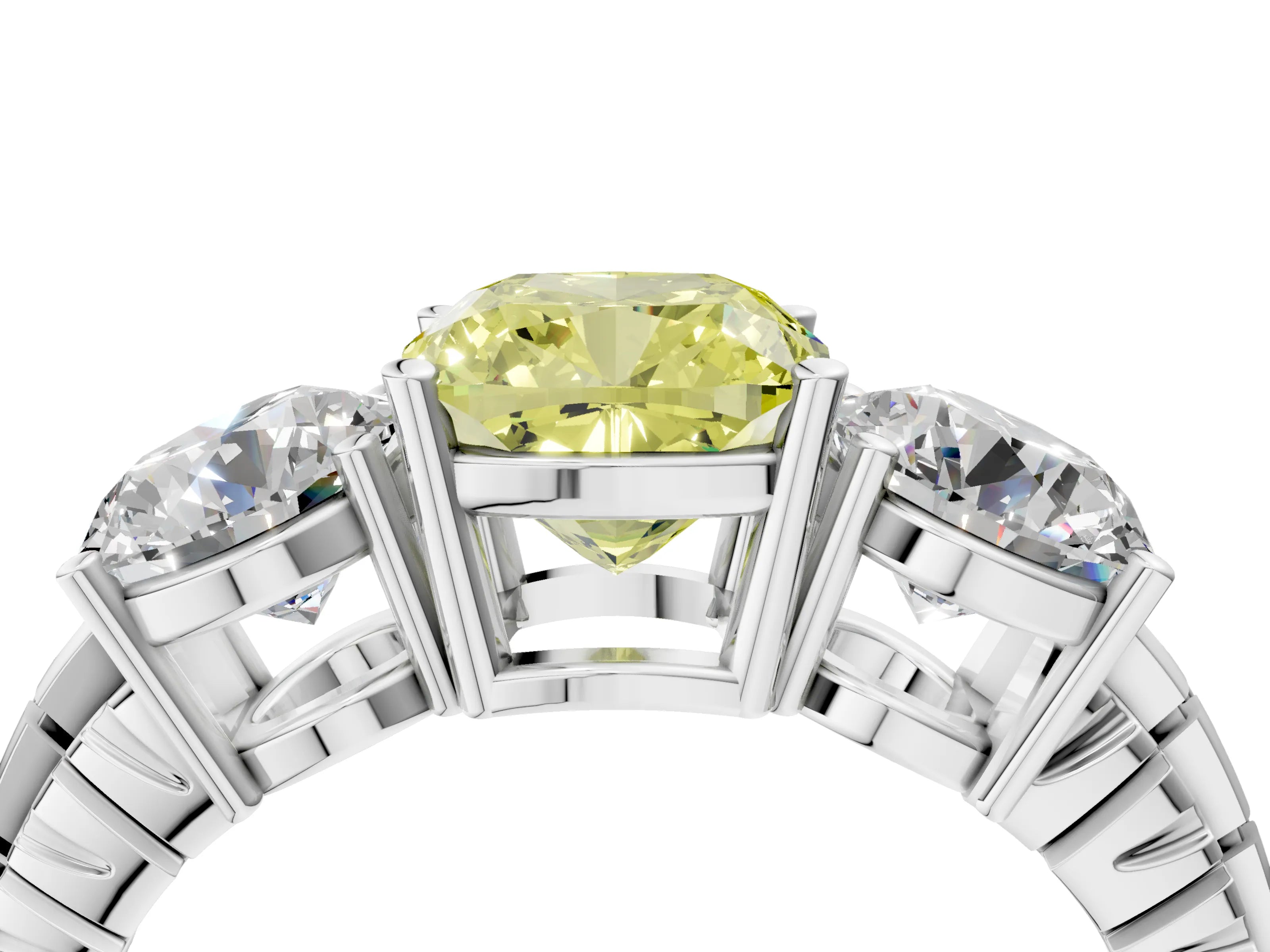 White gold Three-Stone Fancy Yellow Cushion Cut Cut Diamond Ring with Channel-Set Band and Prong Setting_4