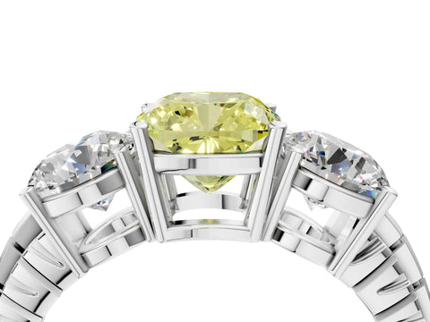 White gold Three-Stone Fancy Yellow Cushion Cut Cut Diamond Ring with Channel-Set Band and Prong Setting_4
