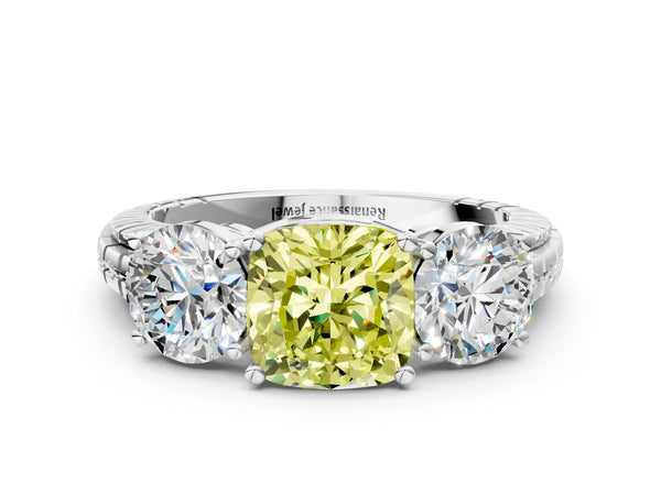 White gold Three-Stone Fancy Yellow Cushion Cut Cut Diamond Ring with Channel-Set Band and Prong Setting