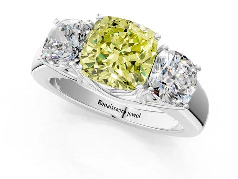 White gold Three-Stone Fancy Yellow Cushion Cut Cut Diamond Ring with Prong Setting and Classic Band_1